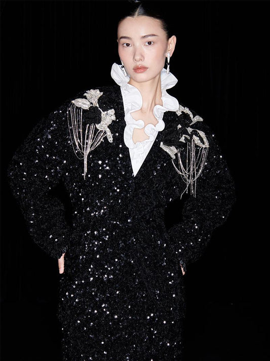 M essential Mackay designer three-dimensional silver orchid catenary beaded jacket - tems.