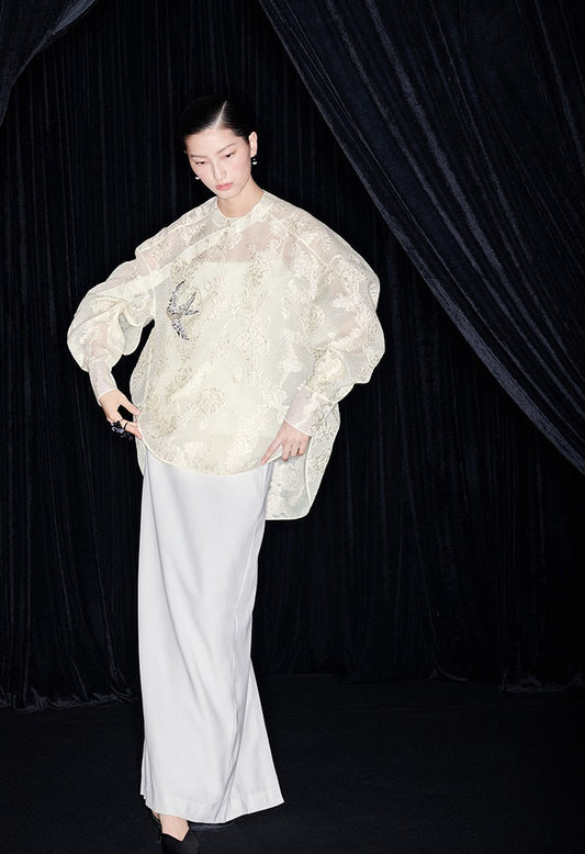 M essential Mackay designer embroidered semi-sheer silhouette shirt skirt set - Arani.