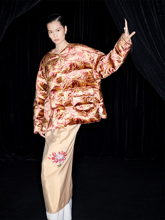 M essential Mackay designer Tuoba silk-velvet silhouette puffer jacket dress- Tuoba