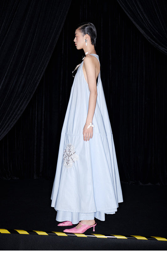 M essential Mackay designer embroidered A-hem pastel blue skirt dress - euno sia.