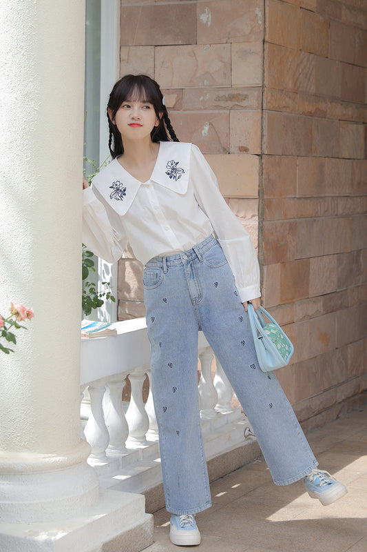 Doodle Hearts Embroidered Jeans (Light Denim)