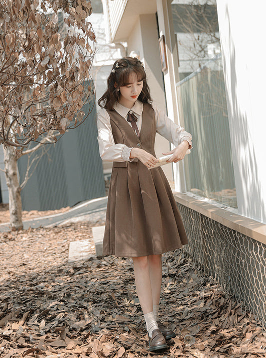 Journalist Waist Coat Dress (Brown)