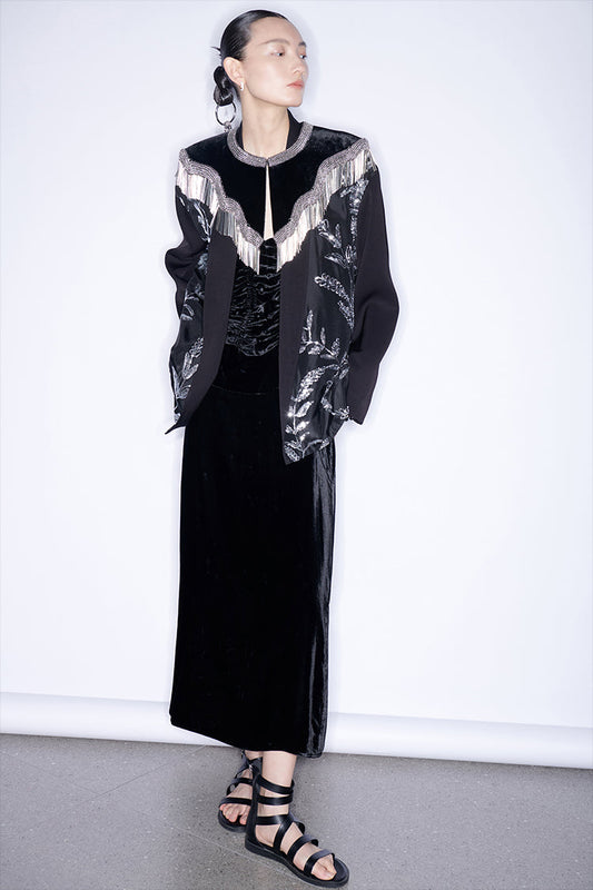 M essential Mackay designer silk-velvet crewneck tassel cape blazer dress set- Benny.