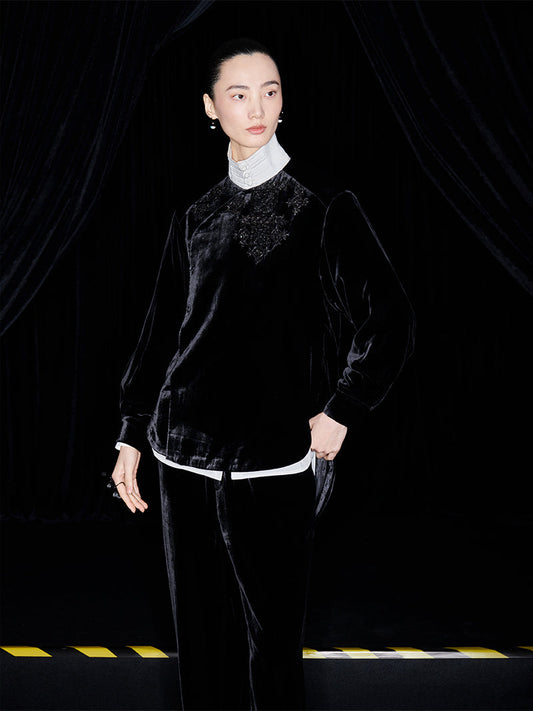 M essential Mackay designer Indian silk embroidered silhouette velvet top pant set- buck.