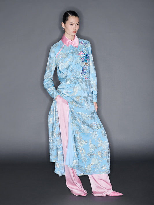 M essential Mackay designer blue pink embroidered contrast lapel shirt pant dress set - halle.