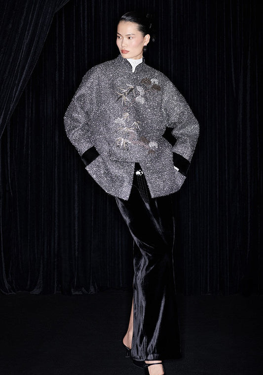 M essential Mackay designer cedar beaded jacket elegant black velvet skirt- abel.