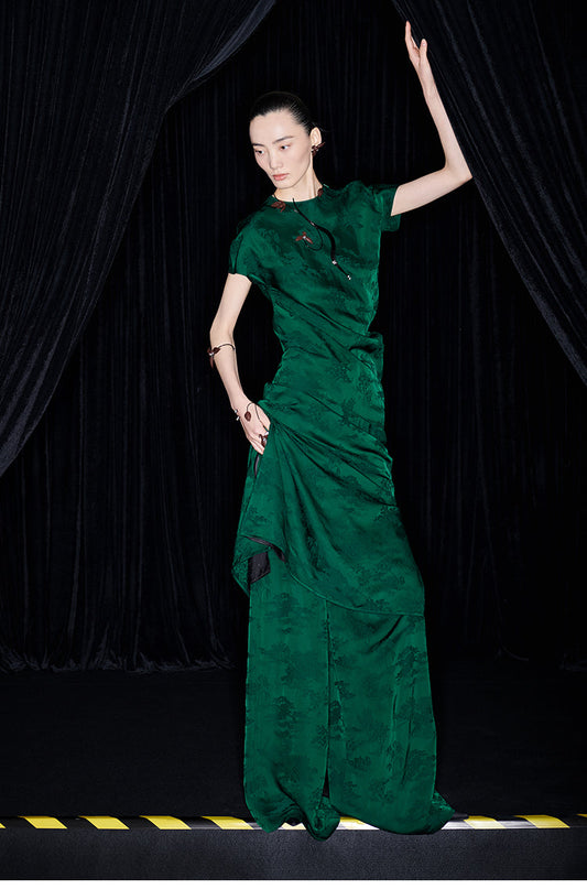 M essential Mackay designer emerald green Jacquard asymmetric top pants set - yellow.