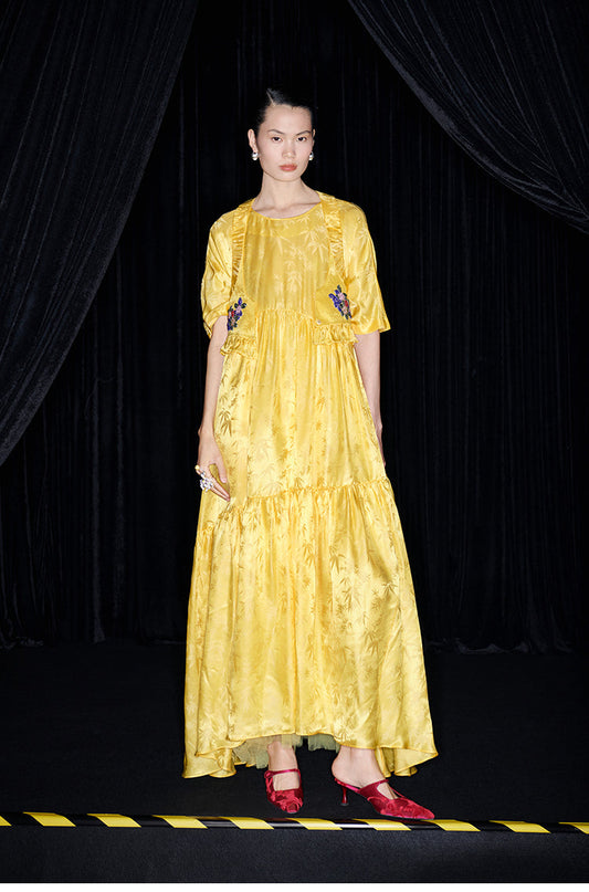 M essential Mackay designer Pine yellow jacquard short-sleeved tower fll dress- Abyn.