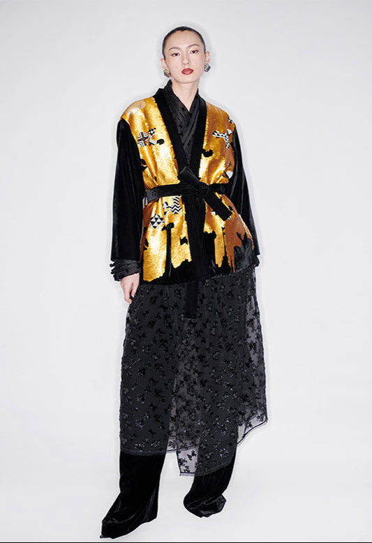 M essential Mackay designer non-jerked velvet tribal totem beaded coat - shut.