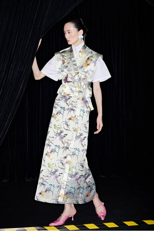 M essential Mackay designer butterfly beaded quilted cottonskirt vest shirt set - toes.