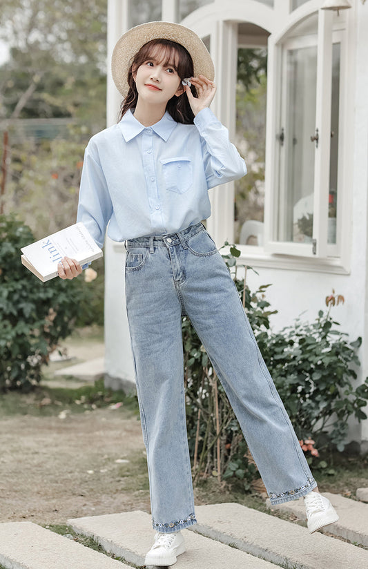 Flower Hem Embroidered Jeans (Acid Wash)