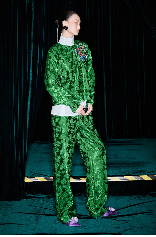 M essential Mackay designer emerald green silk thread embroidered top pants set- zim.