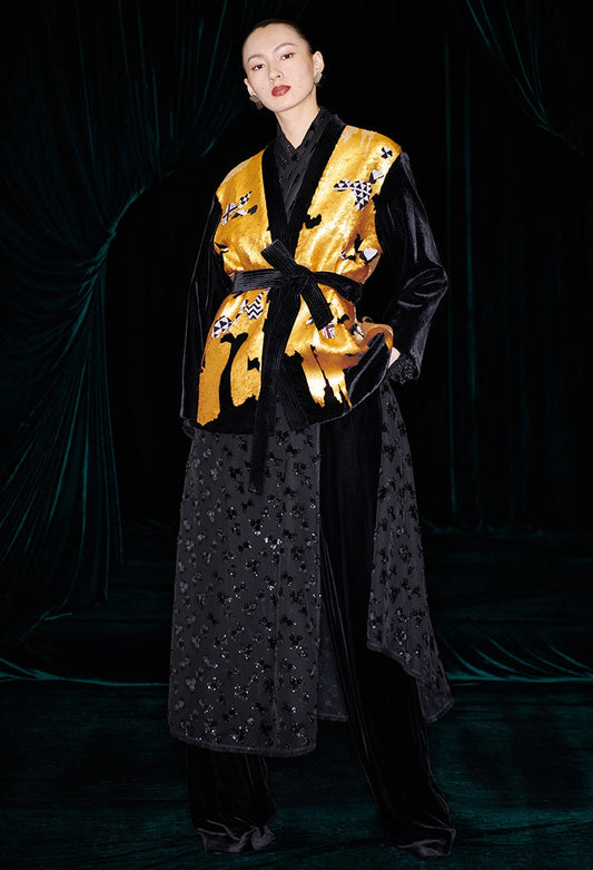 M essential Mackay designer non-jerked velvet tribal totem beaded coat - shut.