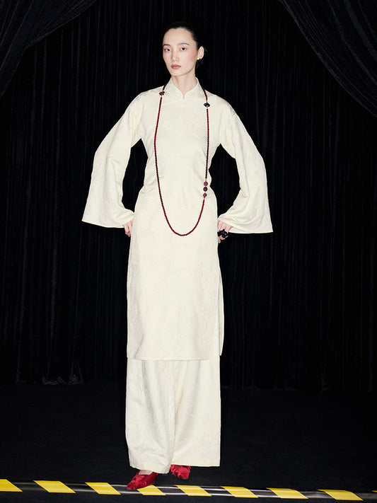 M essential Mackay designer jade carved jacquard bell sleeves cheongsam dress pant set - greg.