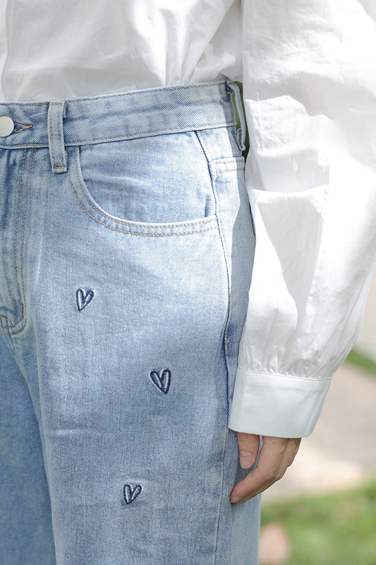 Doodle Hearts Embroidered Jeans (Light Denim)
