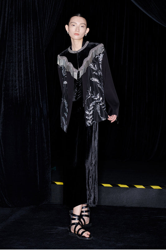 M essential Mackay designer silk-velvet crewneck tassel cape blazer dress set- Benny.