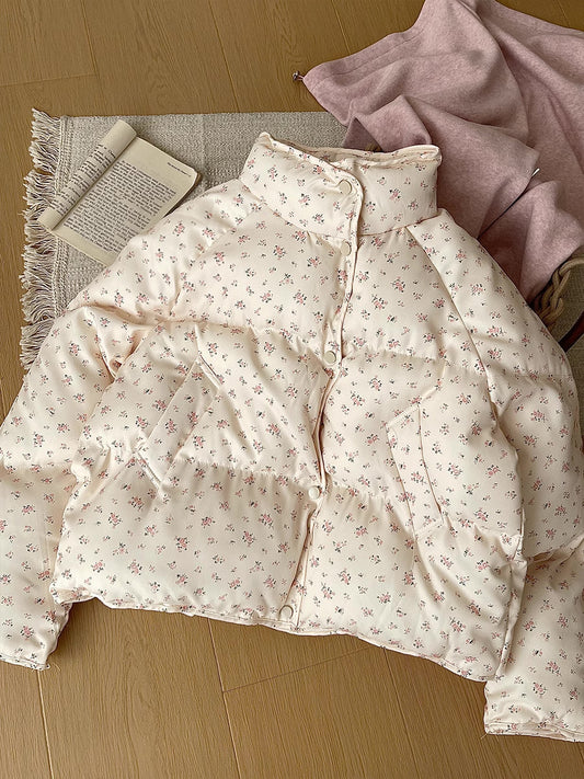 Ditsy Floral Puffer Jacket (Cream/Pink)