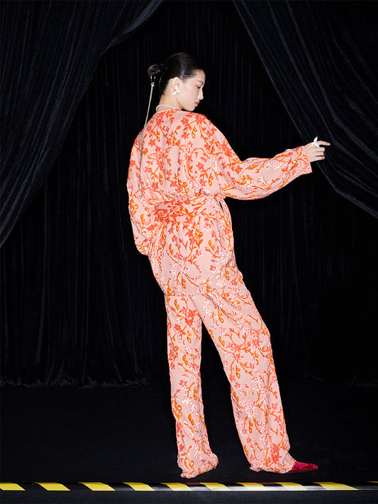 M essential Mackay designer embroidered folded knot orange shirt Pants set - Lara.