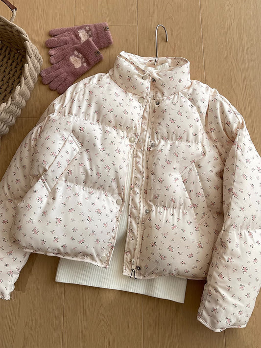 Ditsy Floral Puffer Jacket (Cream/Pink)