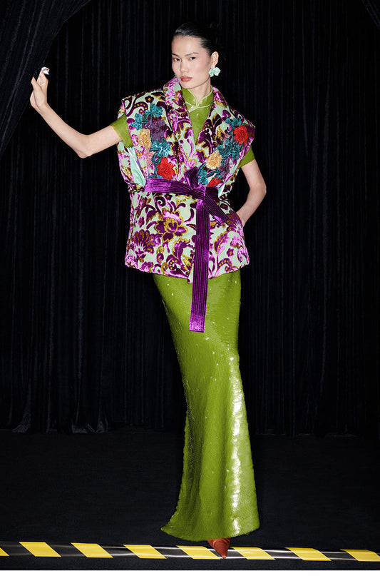 M essential Mackay luxury multi-color embroidered gilet vest top sequin green skirt - twelve