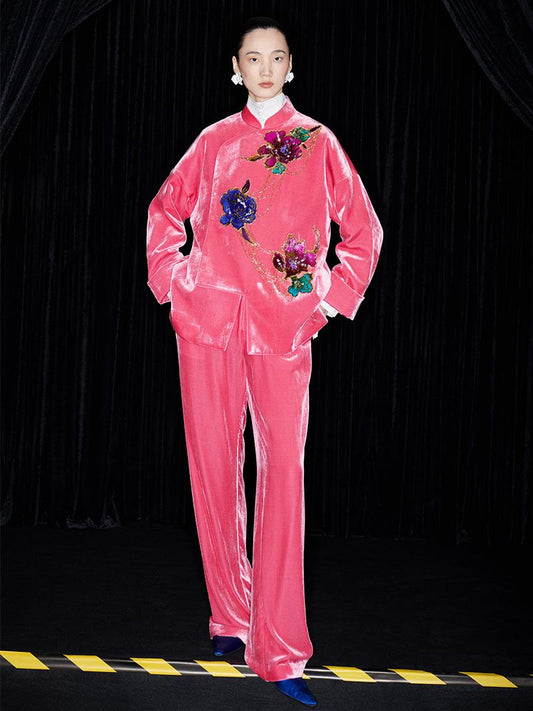 M essential Mackay designer luxury velvet Pink Peach beaded pants jacket - brace.