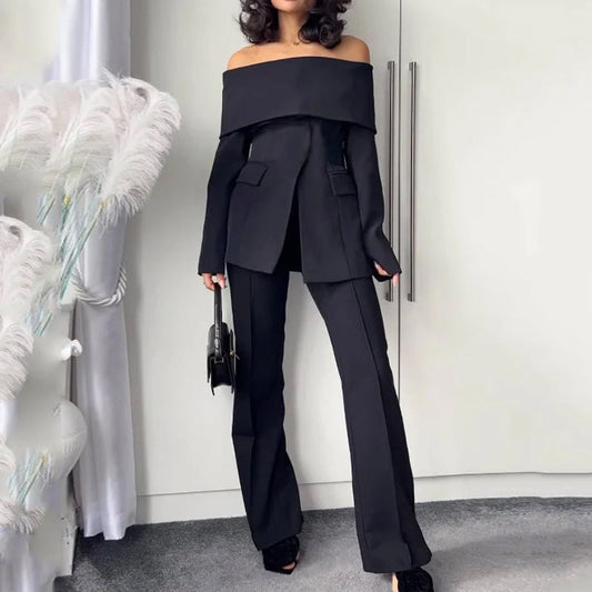 2025 Foreign Trade Women���s Suit Set Autumn Fashion Off-The-Shoulder Long Pants Two-Piece Suit