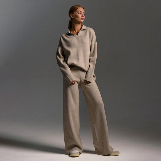 Knitted Set Autumn Winter Sweater Set Polo Neck Knitted Pullover + Wide Leg Long Pants Two-Piece Suit