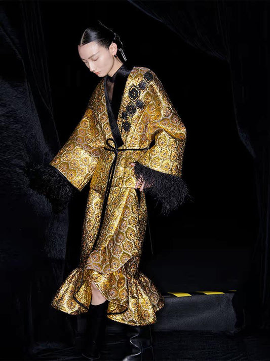 M essential Mackay gold banner jacquard crochet embroidery tunic coat - furbu.