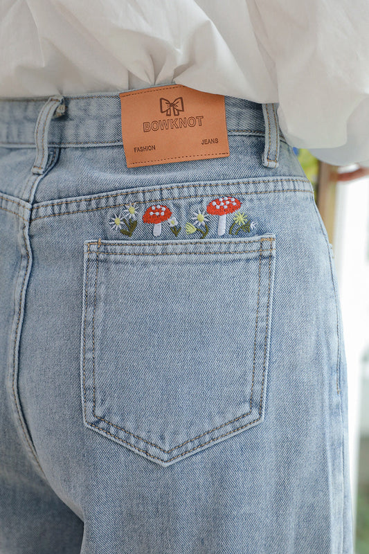 Mushroom Embroidered Mom Jeans (2 Colors)
