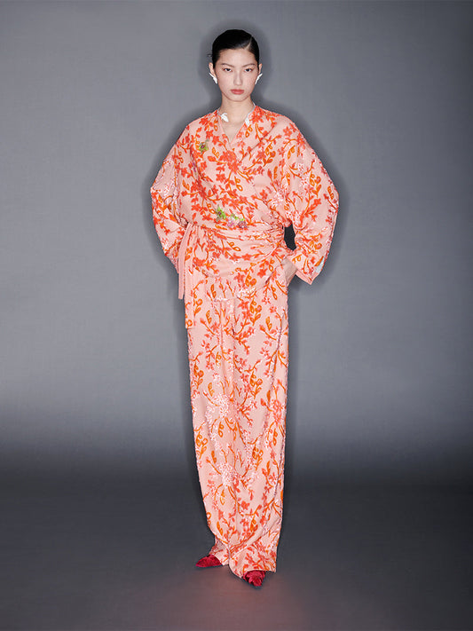 M essential Mackay designer embroidered folded knot orange shirt Pants set - Lara.