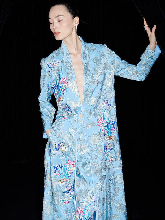 M essential Mackay designer blue butterfly embroidery robe dress pants set - break.