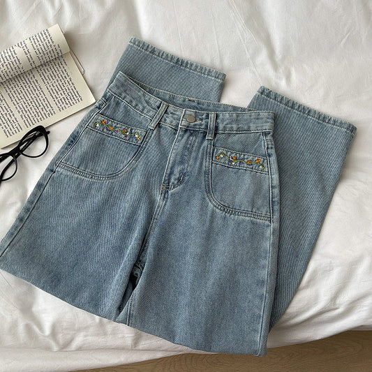 Embroidered Flower Vines Jeans (Light Denim)