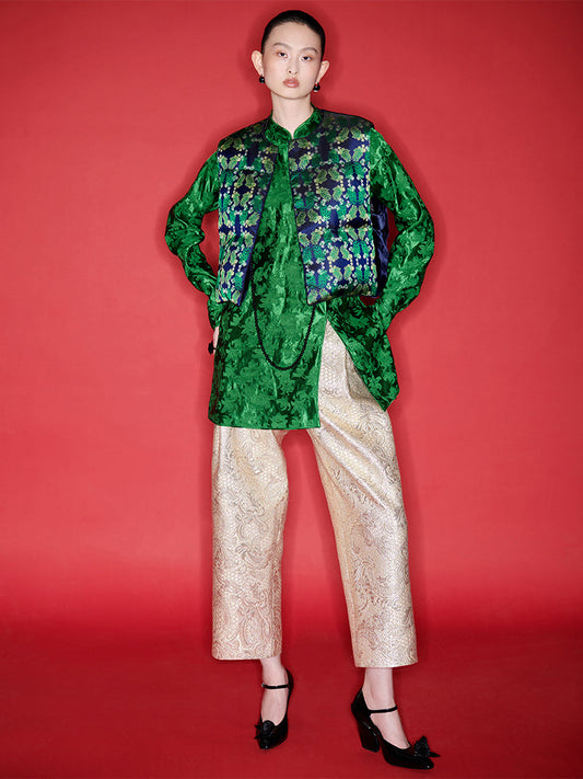 M essential Mackay designer jacquard stand-up neck top ankle pants printed vest set -Zuda