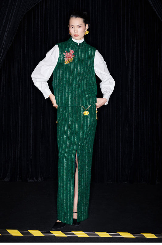 M essential Mackay designer rose beads placket green vest pencil skirt - Biba.