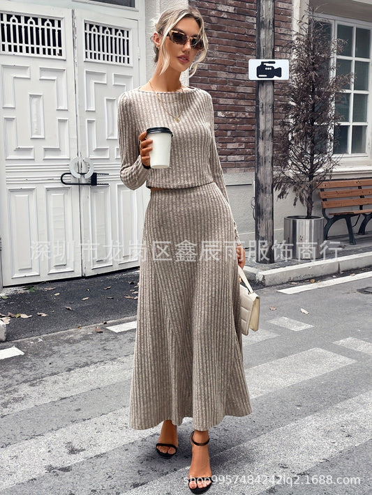 In-Stock New Manufacturer Direct Sale 2025 Autumn Winter Women���s Tight Fitting Ribbed Long Sleeve Casual Knit Set Suit