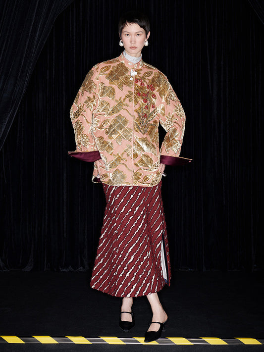 M essential Mackay designer embroidered lily of the valley quilted coat skirt set - nine.