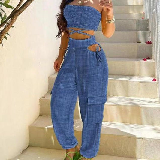 2025 Women���s Wrap Top Tie Workwear Long Pants Pocket Denim Blue Crop Waist Set Suit