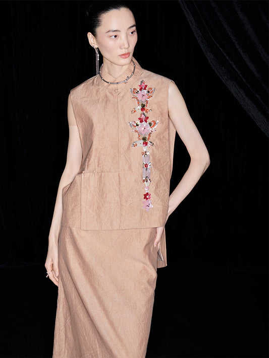 M essential Mackay designer 3d embroidery placket vest pencil skirt set- mar.