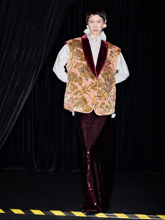 M essential Mackay designer embroidered quilted cotton gilet sequin long skirt- lily of the valley