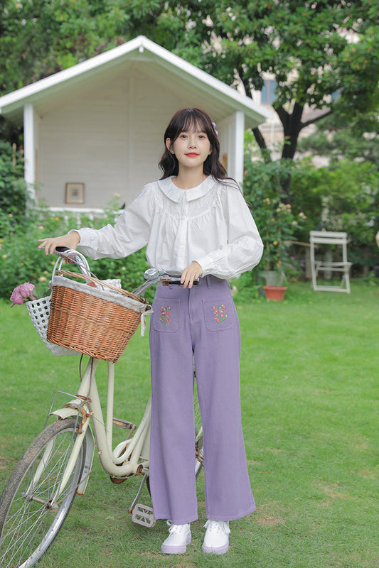 Embroidered Floral Pocket Jeans (Purple)