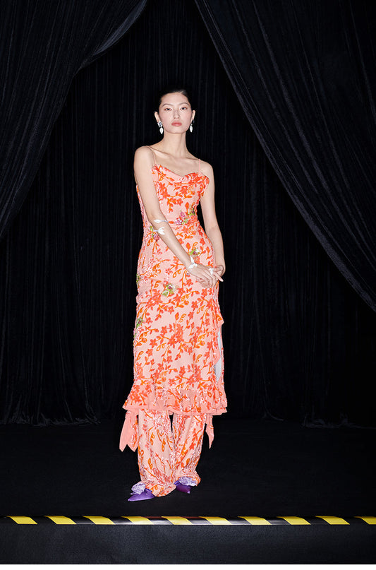 M essential Mackay designer Aorong Velvet irregular ruffled slip dress - Burning Flower