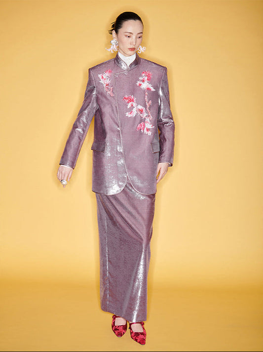 M essential Mackay designer silk blue beaded skirt suit - stance.