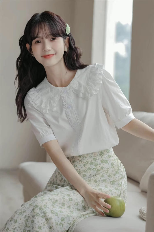 Double Collar Short Sleeve Blouse (White)
