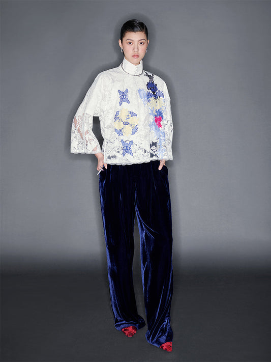 M essential Mackay designer White Lace atelier layered lace inlay top blue velvet pant- olay.