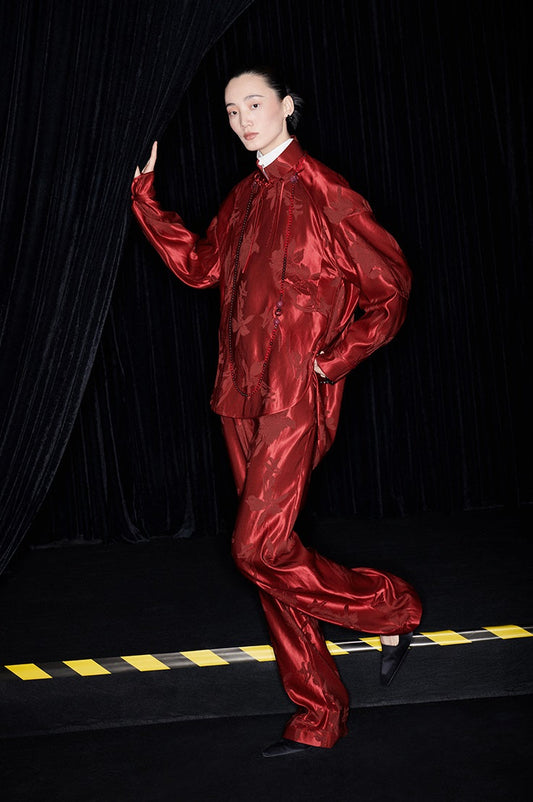 M essential Mackay designer red silhouette shirt pant suit - Riaba.