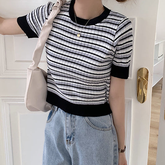 Short Sleeve Stripe Sweater (4 Colors)