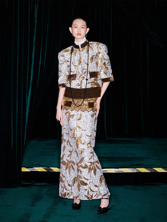 M essential Mackay luxury brown silver stand collar short seuins jacket top pencil skirt set - sans.