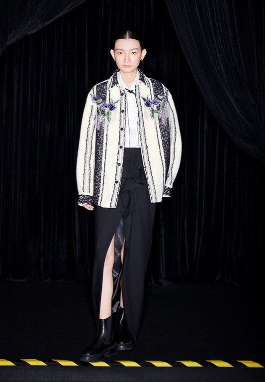 M essential Mackay designer wool stripe workshop embroidered coat - step.