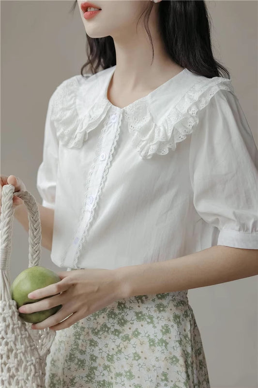 Double Collar Short Sleeve Blouse (White)