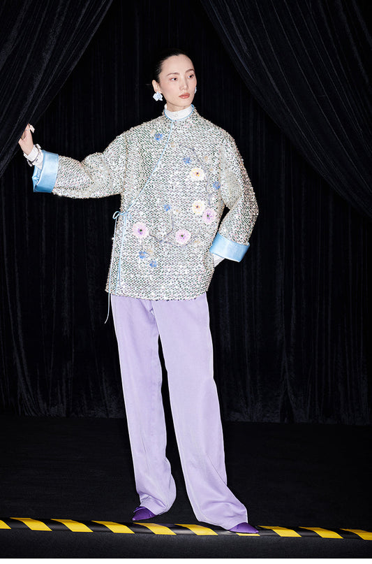 M essential Mackay designer plum blossom beaded jacket pants - drop.